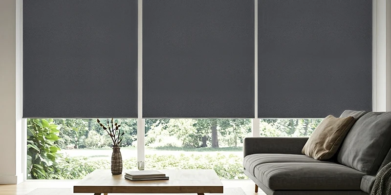 Espacio acogedor con sofá, mesa de café y persianas enrollables , perfecto para relajarse y aprovechar la luz del día.