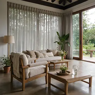 Sala de estar con cortinas translúcidas en ventanales de esquina y sofá de madera