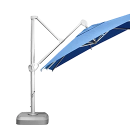 Sombrilla Palma azul con estructura gris, sobre su base con ruedas