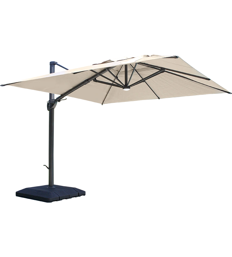 Sombrilla Marea de perfil, con la estructura de aluminio antracita y la base con pesas