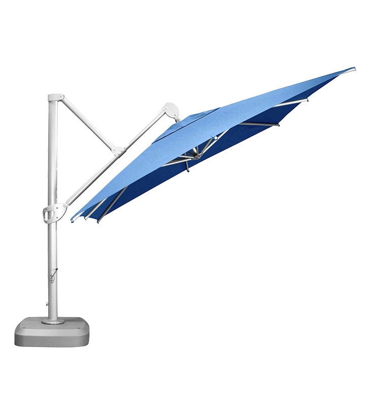 Sombrilla Palma azul de perfil, con el mástil lateral gris y la base con ruedas