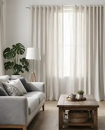 Cortinas Ring en tela blanca translúcida colgadas con argollas sobre un tubo, en una sala luminosa